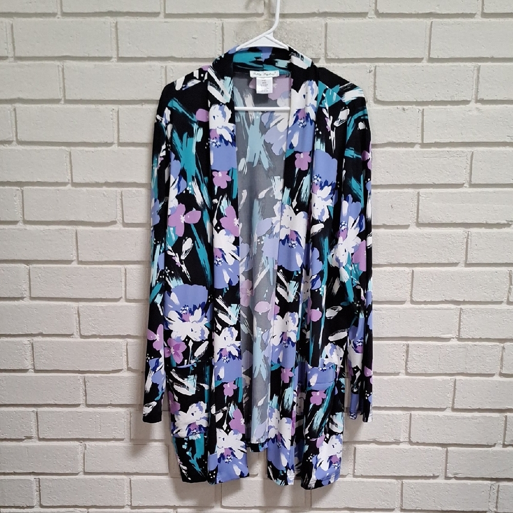 Ulla Popken Floral Print Long Open Front Cardigan W/Pockets. Size 20/22